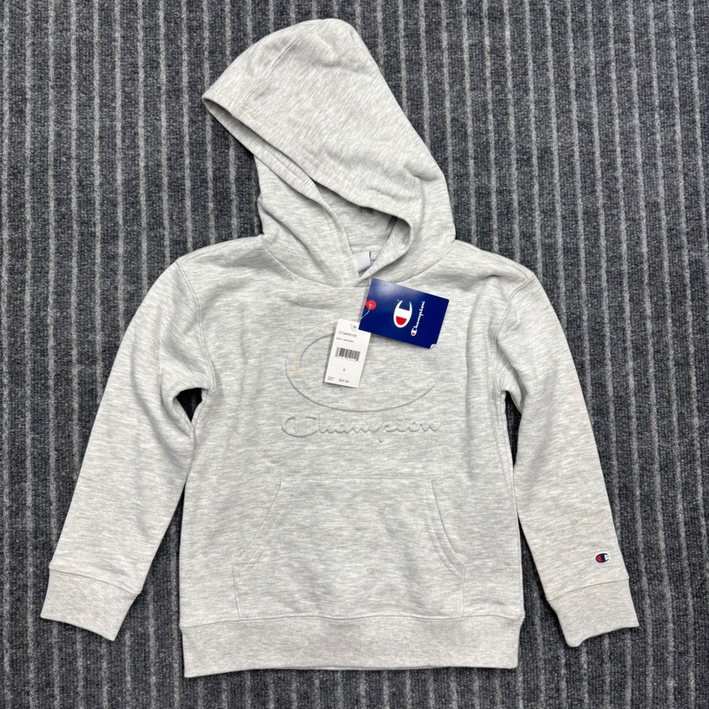 Champion Boys Grey Heather Hoodie Size 6 Embossed Logo Fleece Sweatshirt NWT